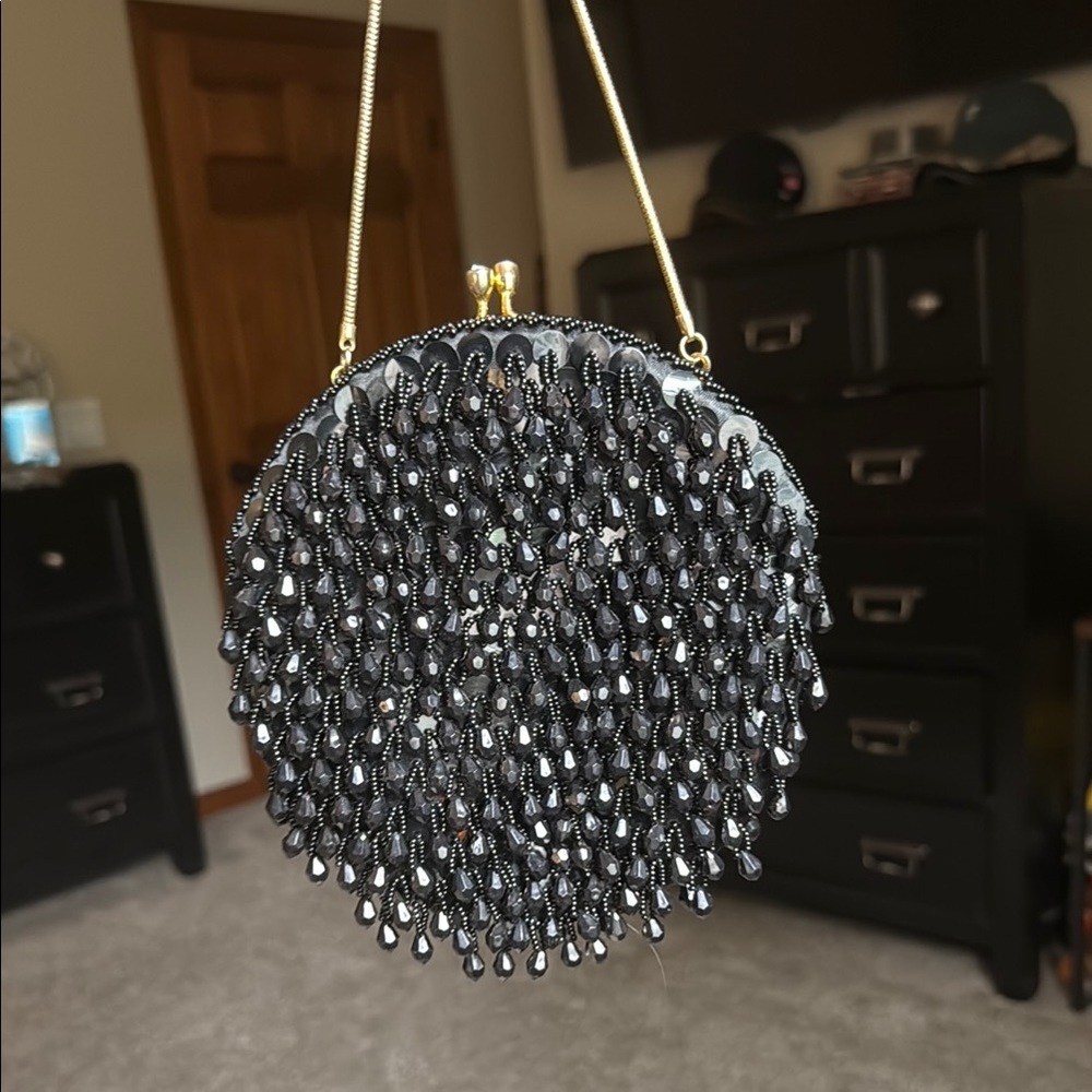 Vintage Black Beaded Sequined Clutch